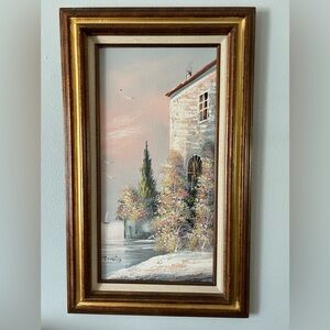 Vtg Oceanside Villa Pastel Floral Oil Painting On Canvas Signed Wood Frame